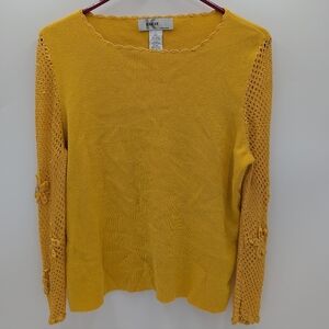 Crochet Sleeve Sweater Yellow Floral Cottagecore Open Knit Large Artsy Funky
